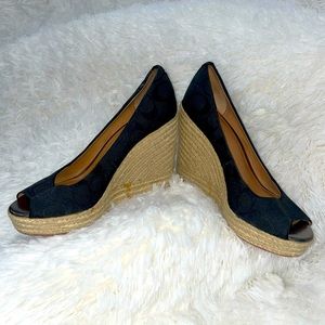 COACH Milan Signature Black Logo Espadrille Platform Wedges- Size 8